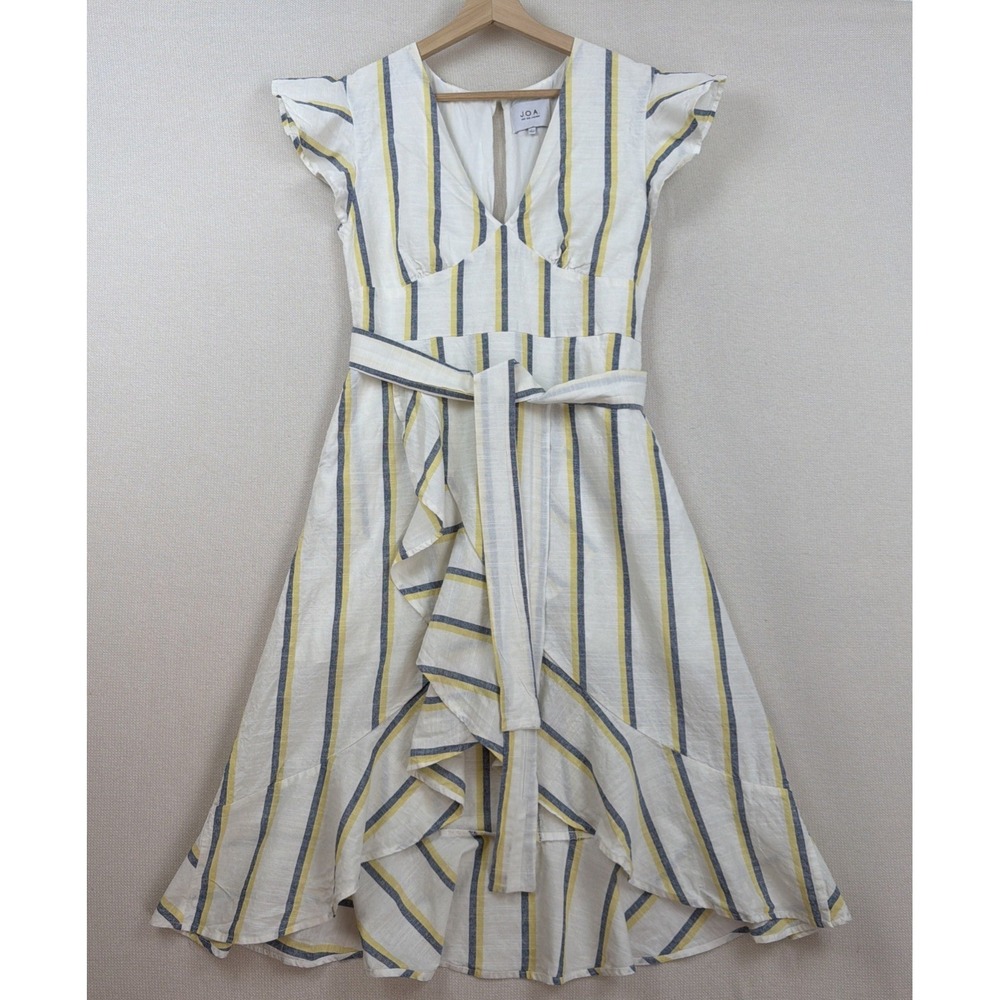 J.O.A.‎ Cream and Yellow Striped Ruffled Fit & Flare Dress Size L  Asymmetrical